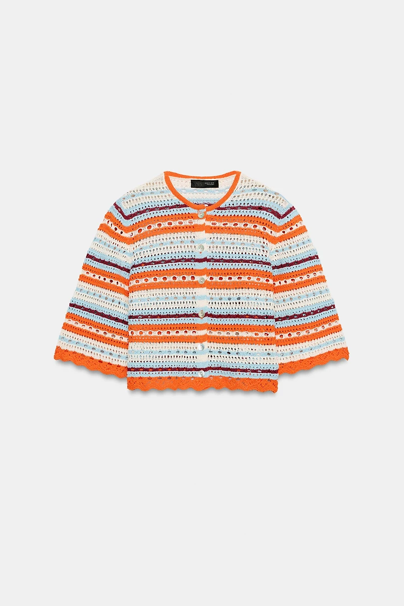 STRIPED POINTELLE CARDIGAN