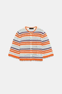 STRIPED POINTELLE CARDIGAN