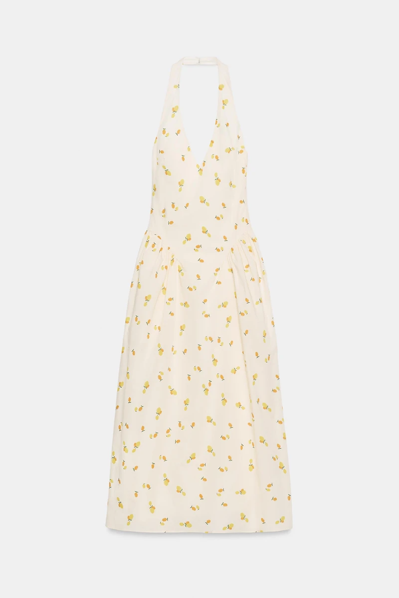 FLORAL POPLIN HALTER MIDI DRESS