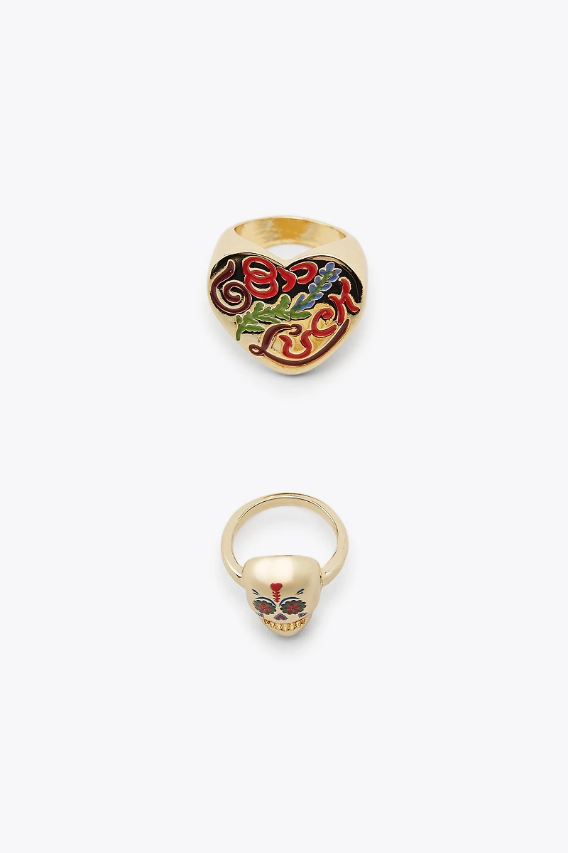 2-PACK OF ENAMELED SKULL AND HEART RINGS