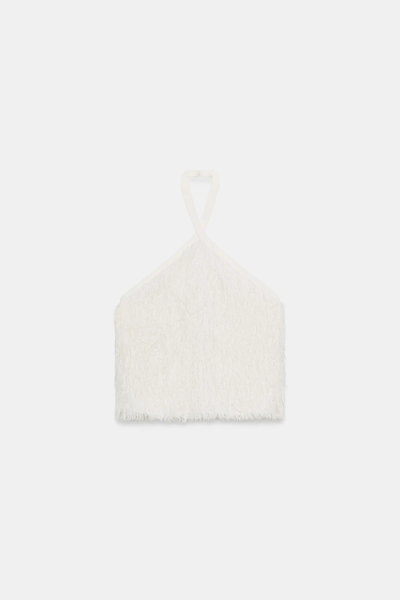 METALLIC THREAD FEATHER HALTER TOP
