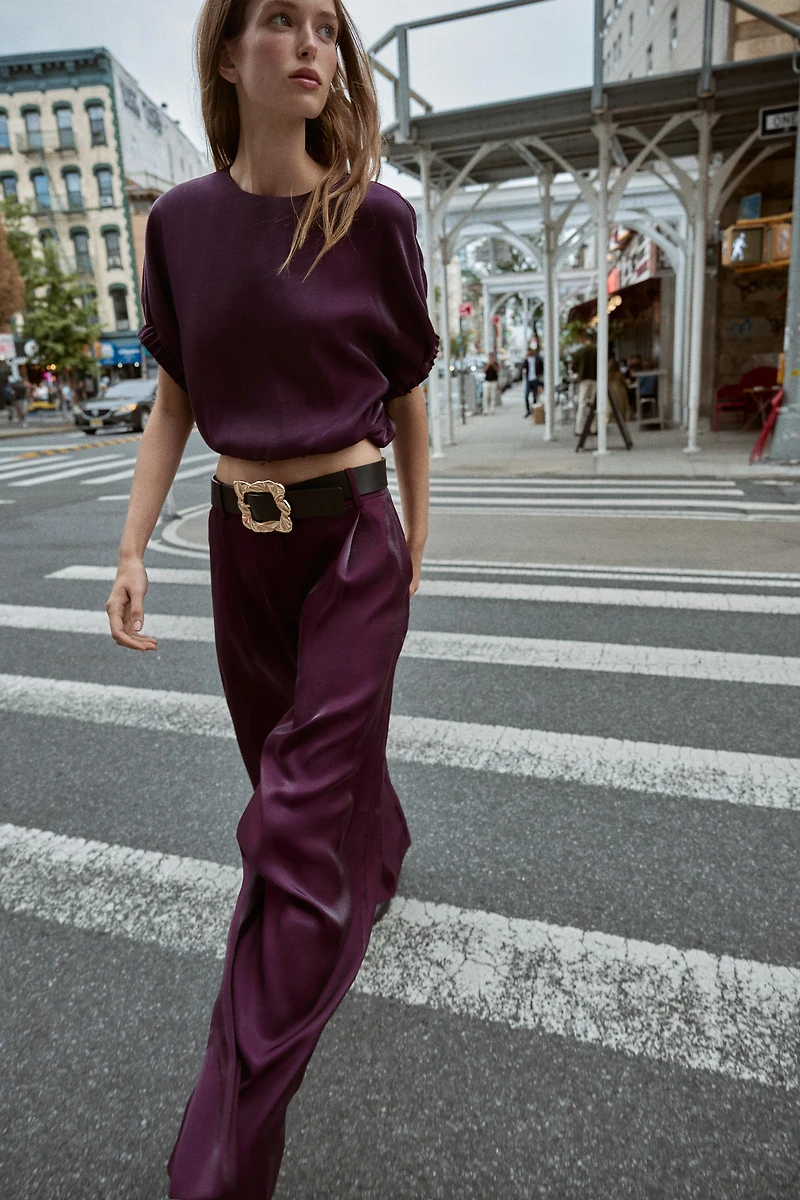SATIN WIDE LEG BELTED PANTS