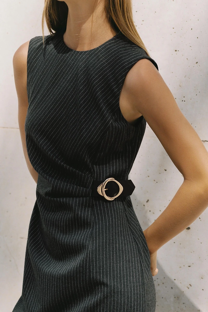 STRIPED BUCKLE MIDI DRESS