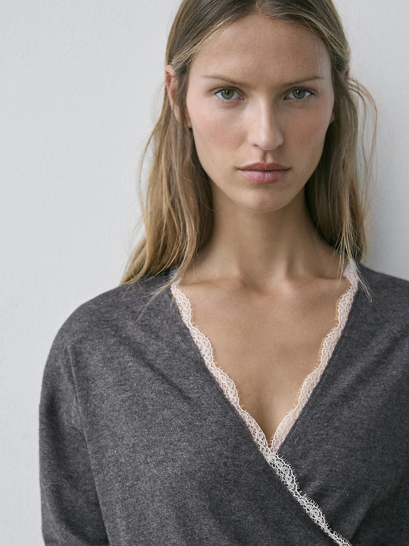 Cross-over knit cardigan with lace detail