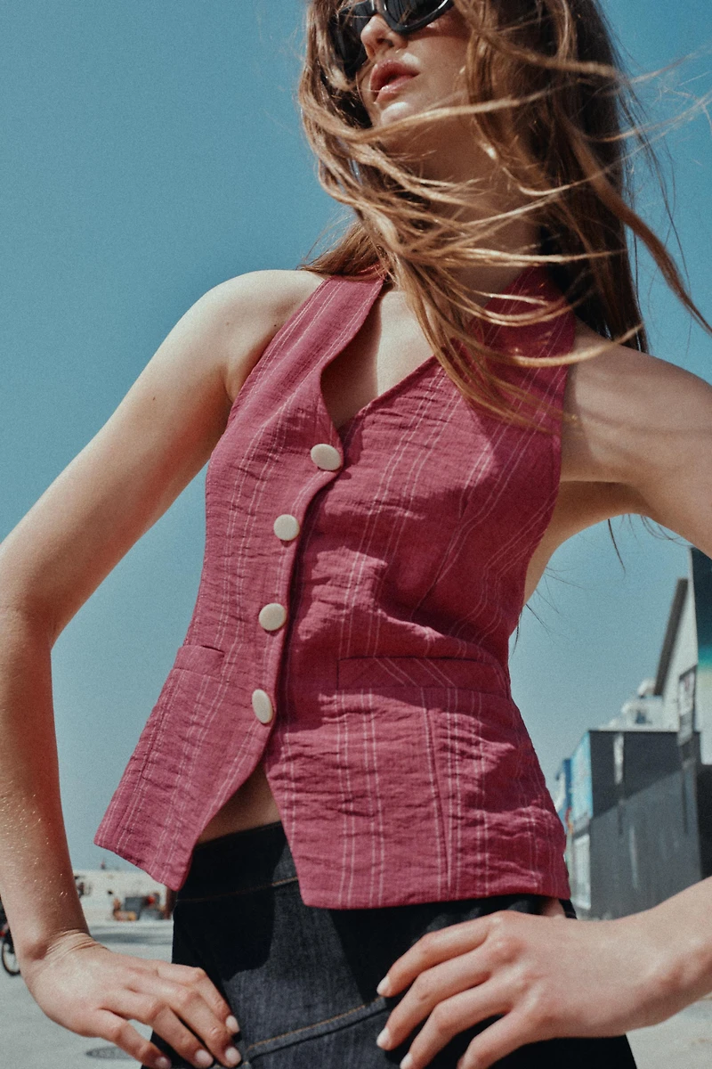 STRIPED TIE HALTER VEST