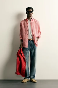 100% LINEN REGULAR FIT PLAID SHIRT