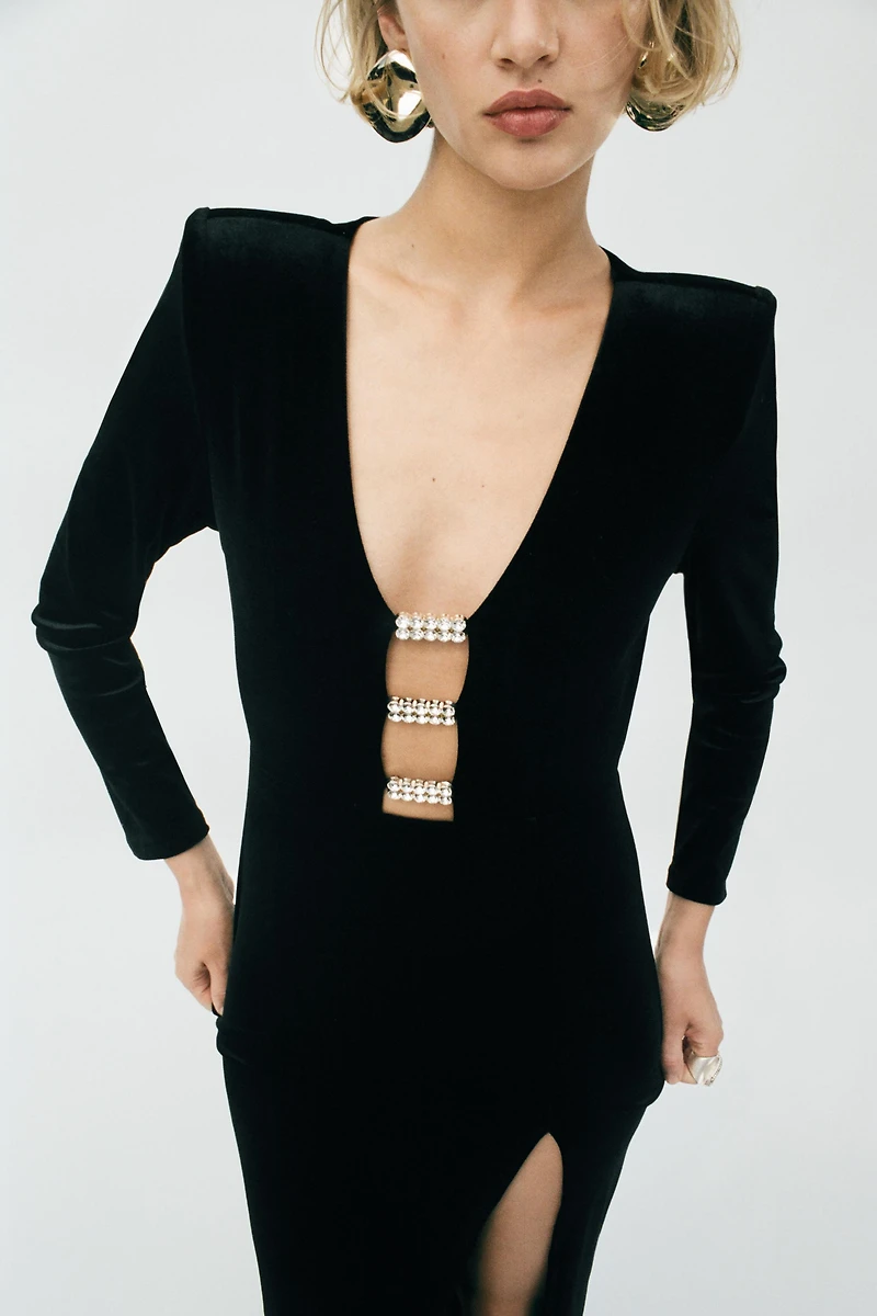 SHINY VELVET APPLIQUÉ MIDI DRESS