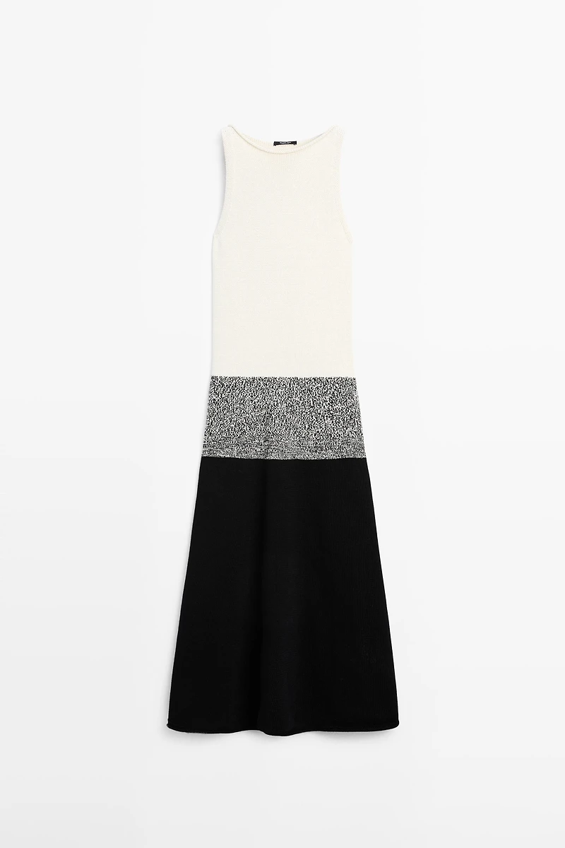 100% cotton contrast knit midi dress