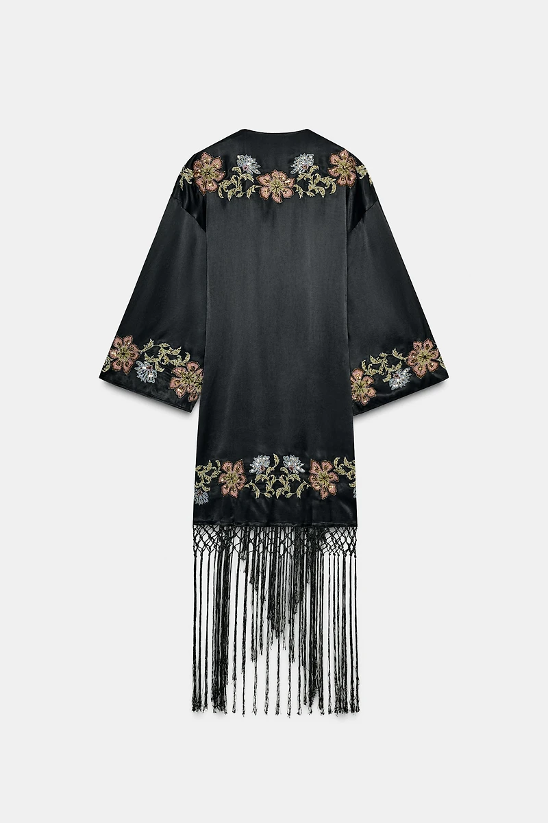 KIMONO BRODERIES FLEURS FRANGES