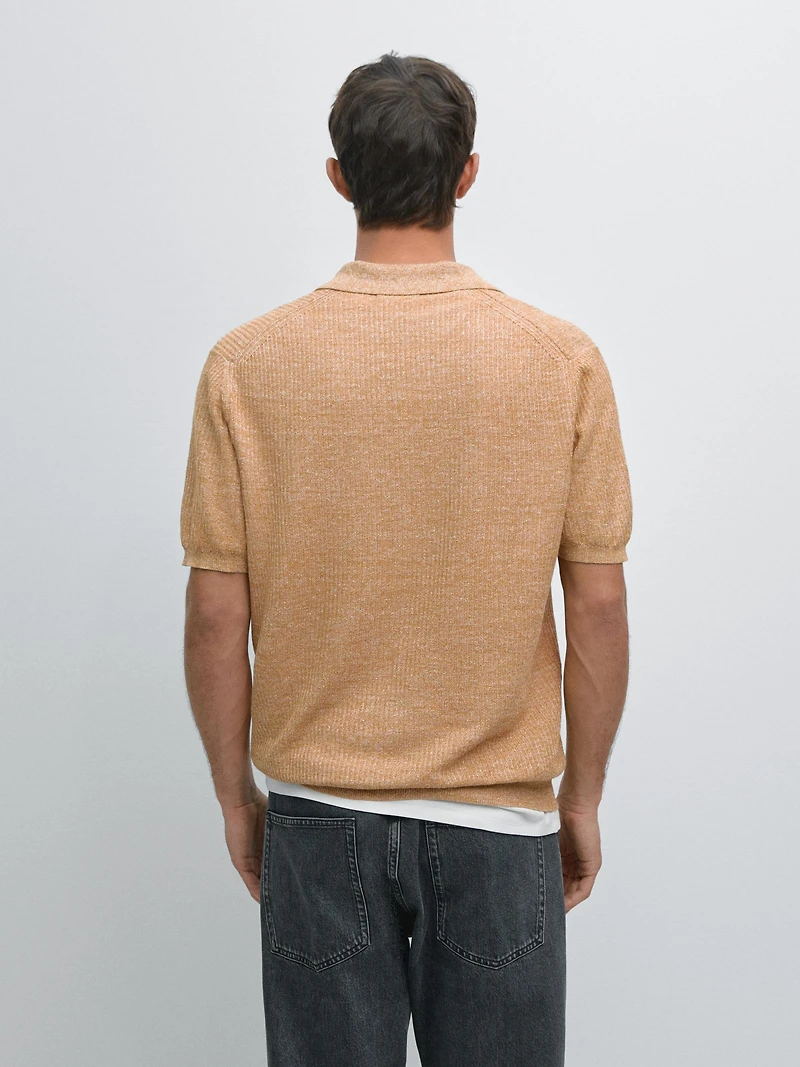 Textured knit cotton and linen blend polo shirt