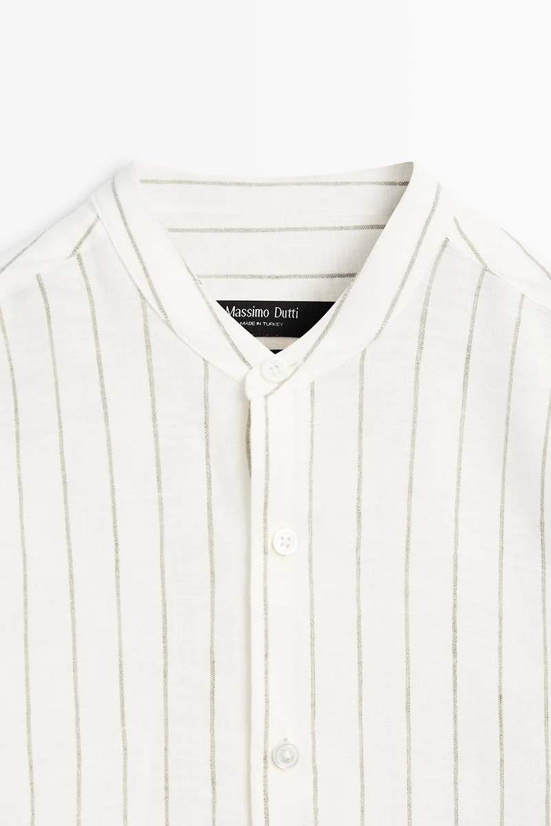100% linen striped stand collar shirt