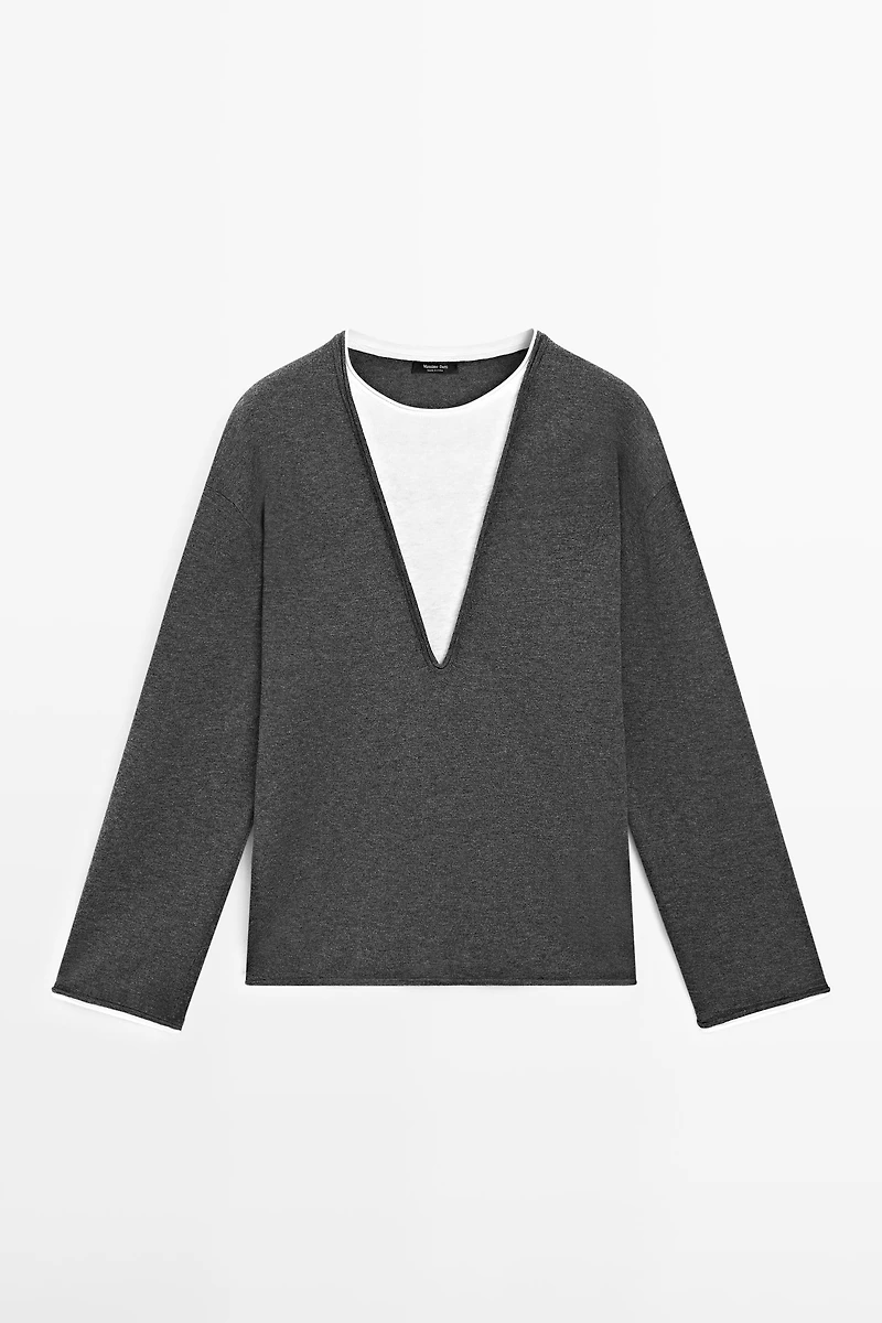 Cotton blend knit sweater with contrast fabric