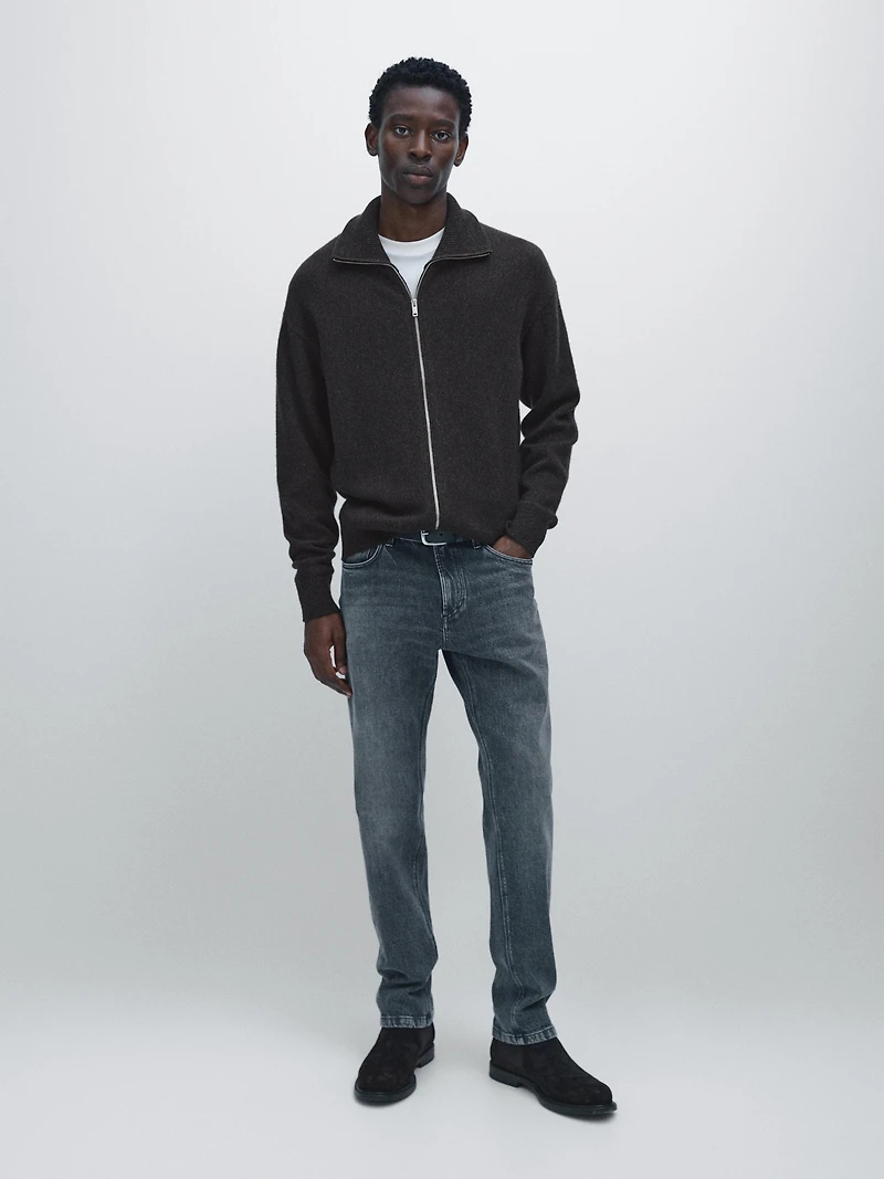 Wool blend high neck knit cardigan