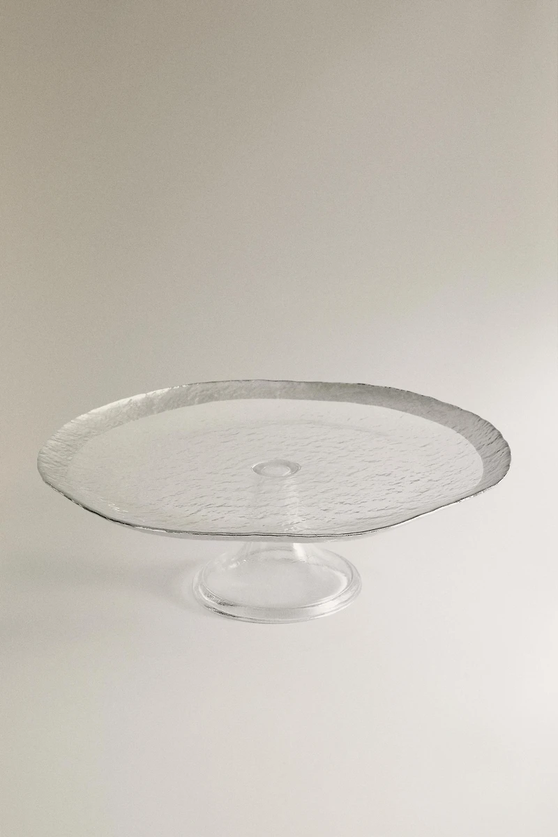 GLASS SERVING DISH WITH RAISED DESIGN AND SILVER EDGE