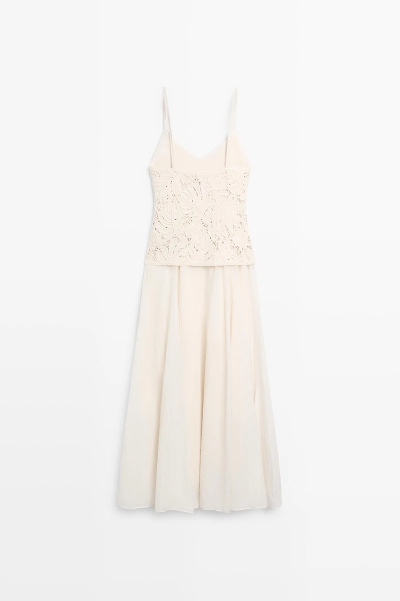 Long dress with contrast crochet detail