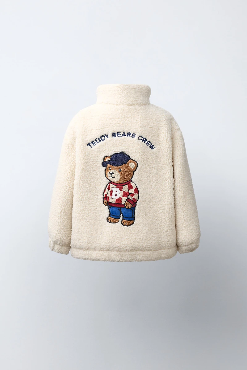 BEAR EMBROIDERY FAUX SHEARLING JACKET
