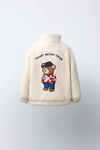 BEAR EMBROIDERY FAUX SHEARLING JACKET