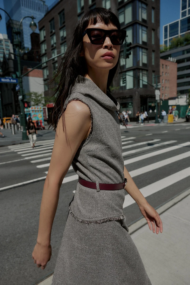 TEXTURED BELTED MIDI DRESS