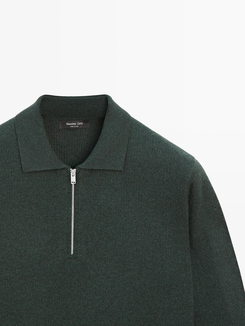 Knit wool blend polo sweater with zip