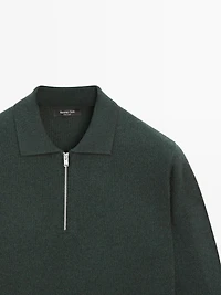 Knit wool blend polo sweater with zip