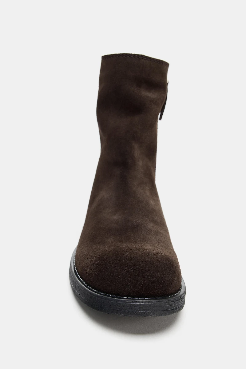 SPLIT LEATHER FLAT ANKLE BOOTS