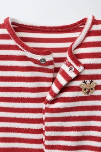 STRIPED TOWEL JUMPSUIT AND POMPOM HAT