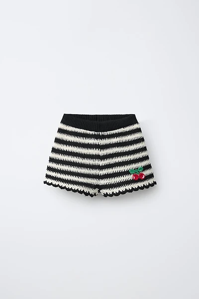 CROCHET KNIT CHERRY STRIPED SHORTS