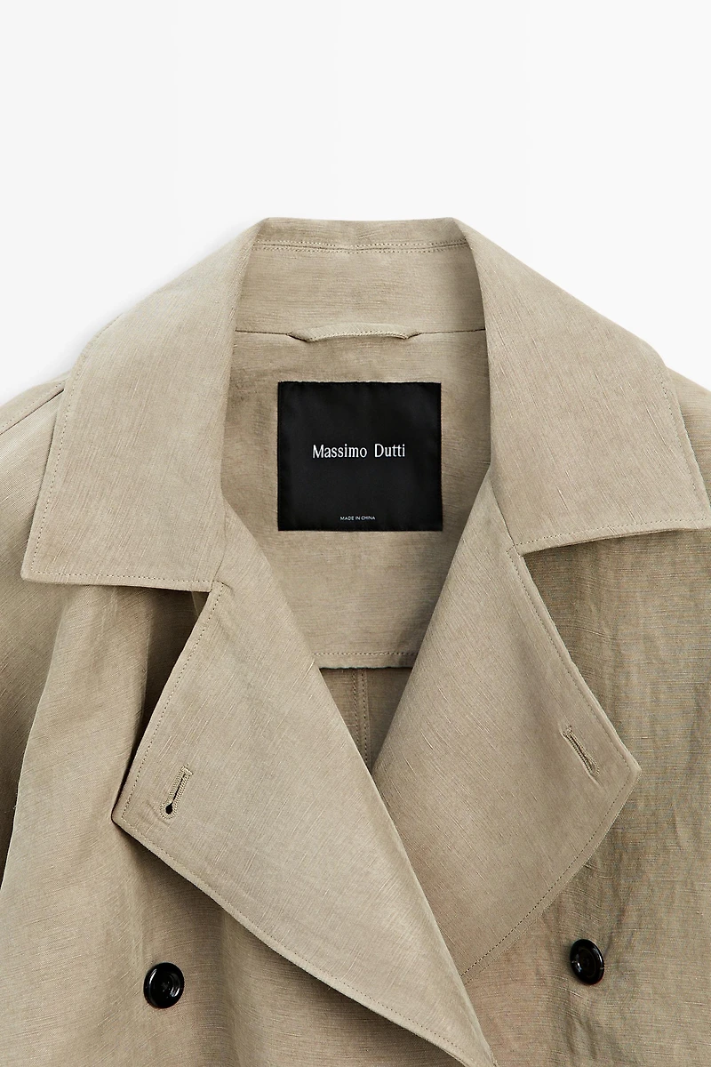 Linen blend trench coat with belt detail