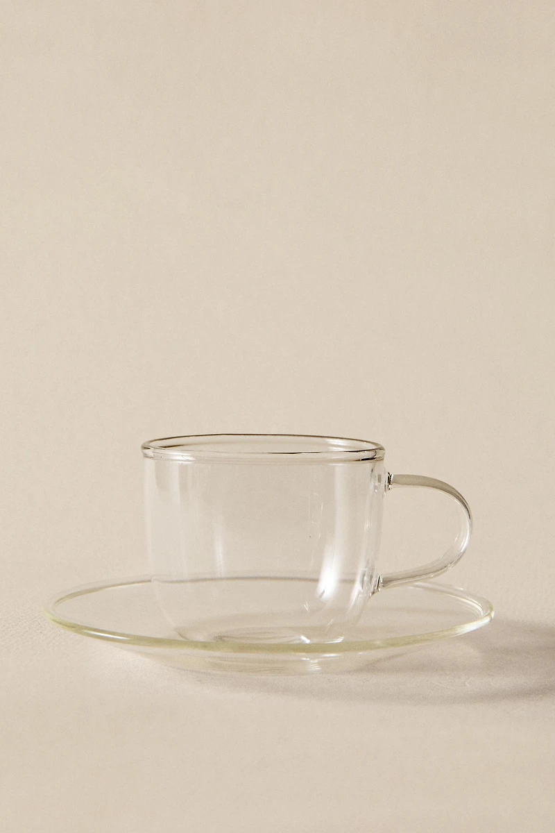 BOROSILICATE GLASS TEA CUP AND SAUCER WITH SILVER RIM