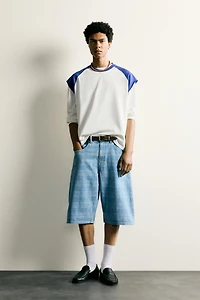 PRINTED WASHED DENIM JORTS