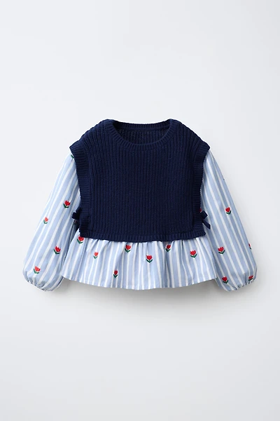 CHEMISE BRODÉE TULIPES AVEC GILET EN MAILLE
