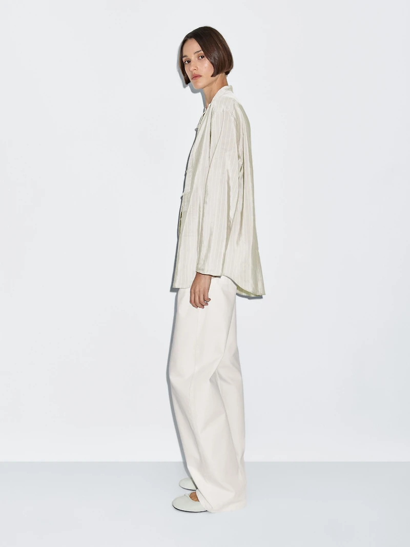 Striped oversize blouse with stand collar