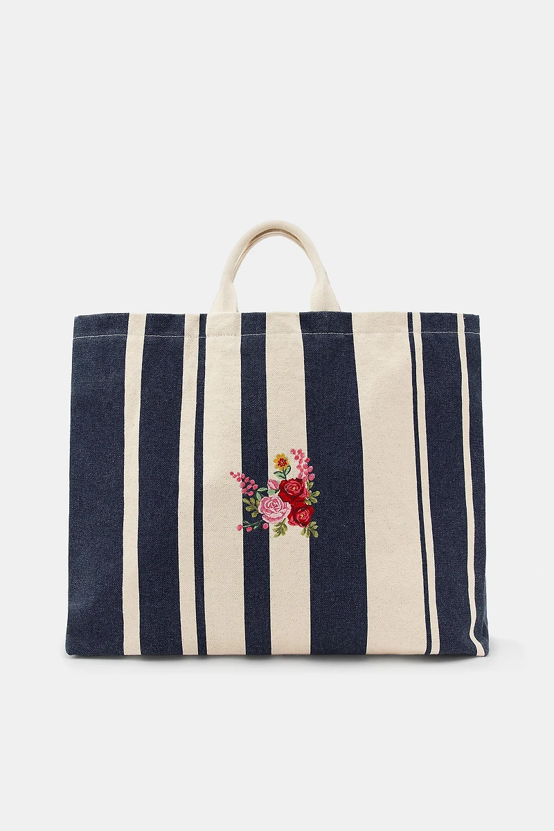 MAXI STRIPED FLORAL EMBROIDERY TOTE