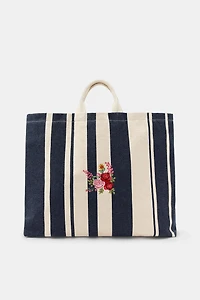 MAXI STRIPED FLORAL EMBROIDERY TOTE