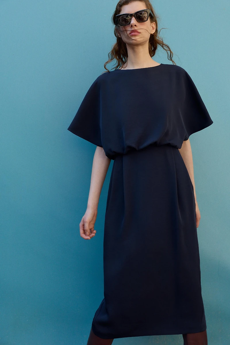 PIN TUCK DROP SLEEVE MIDI DRESS