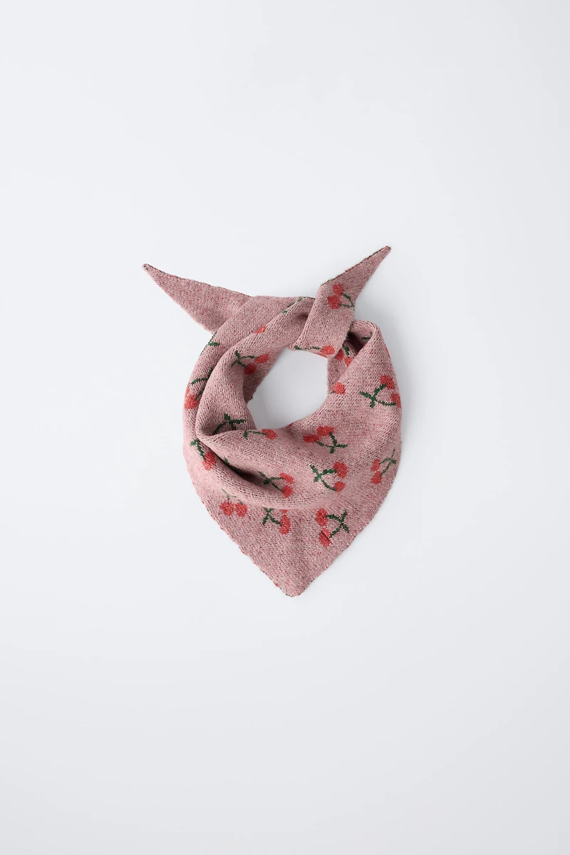 CHERRY EMBROIDERED TRIANGLE KNIT SCARF