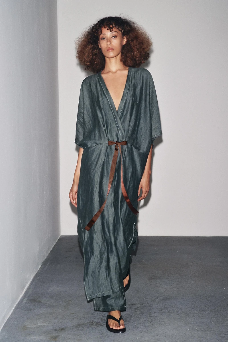 CONTRAST TIED LINEN DRESS