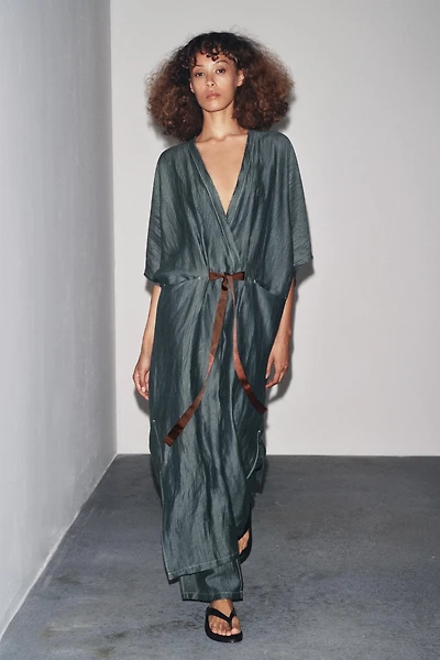 CONTRAST TIED LINEN DRESS