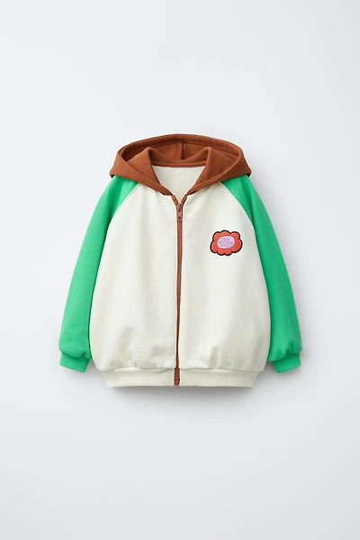 COLOR BLOCK EMBROIDERED FLOWER SWEATSHIRT