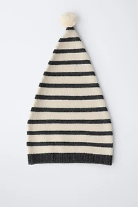BONNET EN MAILLE RAYÉ À POMPON AVEC LAINE