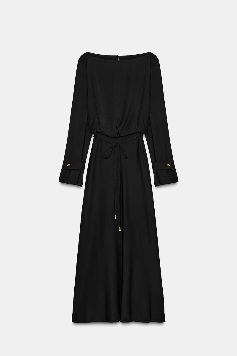 BELTED CREPE MIDI DRESS