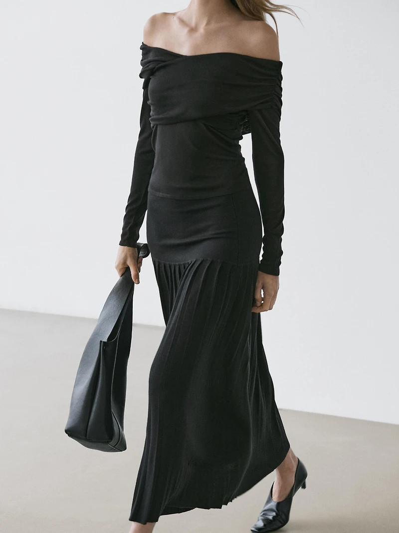 Off-the-shoulder lyocell and wool blend top