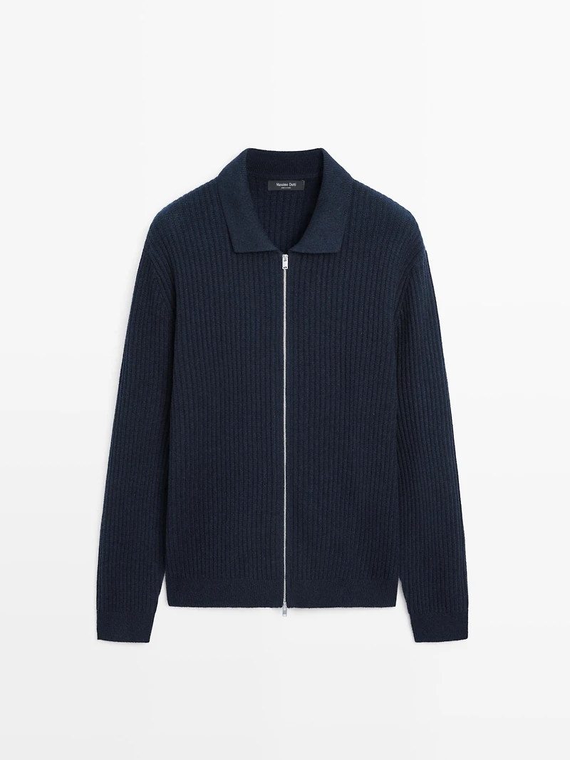 Ribbed knit cotton and wool cardigan with zip