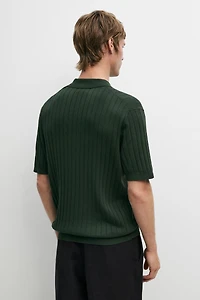 Ribbed knit cotton blend polo shirt