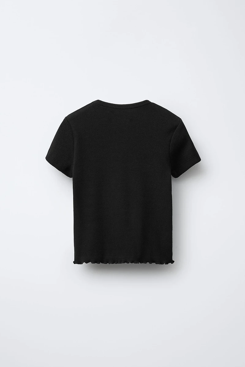 RIB T-SHIRT WITH BEADED FLOWERS