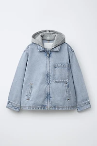 DENIM OVERSHIRT WITH REMOVABLE FLEECE HOODIE