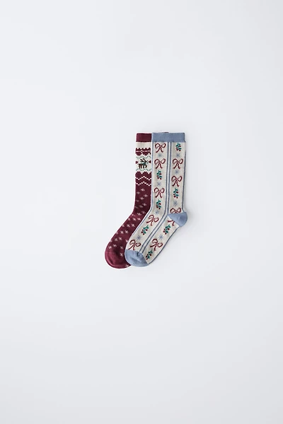 TWO-PACK OF LONG SOCKS WITH GREEK KEY AND BOW PRINT