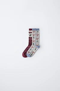 TWO-PACK OF LONG SOCKS WITH GREEK KEY AND BOW PRINT