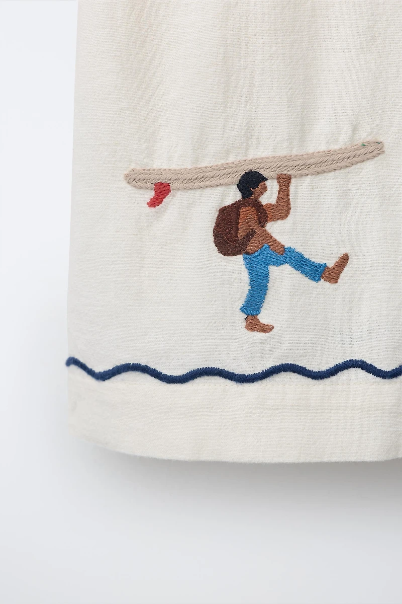 EMBROIDERED LINEN BLEND BOWLING SHIRT