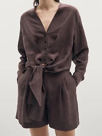 Short pleated linen blend Bermuda shorts